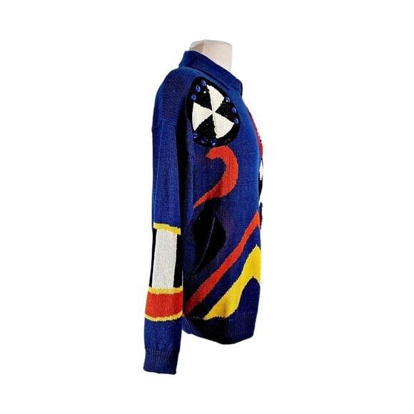Vintage 1990 Bonnie and Bill Blue Abstract Design Beaded Sweater - Picture 2 of 7